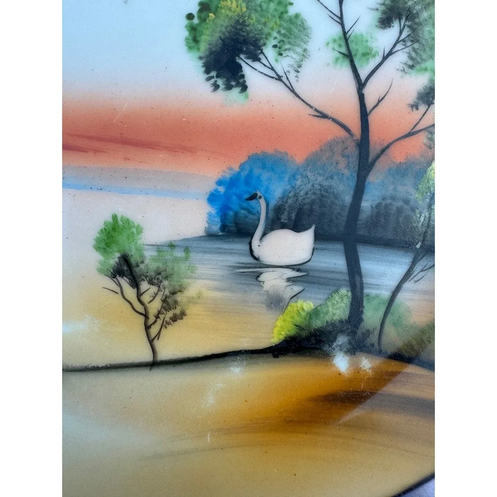 Vintage Chikaramachi Japan Hand Painted Swan Landscape Lusterware Plate 7.5